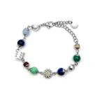 Flower Faux Pearl Rhinestone Stainless Steel Bracelet Silver & Blue & Green - One Size