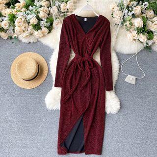 Long-sleeve Printed Tie-waist Midi A-line Dress