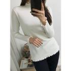 Tall Size Frill-edge Ribbed Turtleneck Top