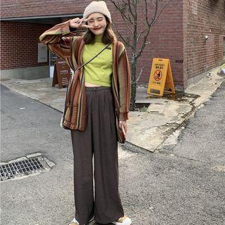 Striped Cardigan / Wide Leg Pants / Mock Neck Knit Top