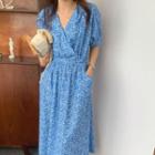 Puff-sleeve V-neck Floral Dress Blue - One Size