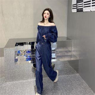 Bell-sleeve Off-shoulder Denim Blouse / Wide-leg Jeans