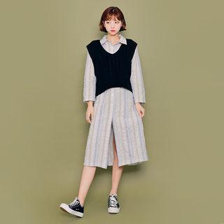 Slit-front Striped Shirtdress With Sash