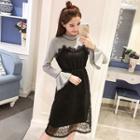 Mock Two Piece Lace Overlay Long Sleeve Dress