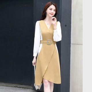 Puff-sleeve Paneled Belted Midi A-line Dress