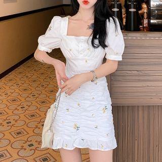 Short-sleeve Square-neck Floral Embroidered Mini Sheath Dress