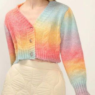 Long Sleeve Color-block Crop Cardigan Rainbow - One Size