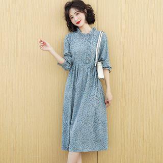 Long-sleeve Ruffle Trim Floral Midi A-line Dress
