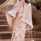 Set: Hooded Cape + Long-sleeve Floral Embroidered Midi Qipao