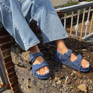 Stitched Faux-leather / Denim Sandals