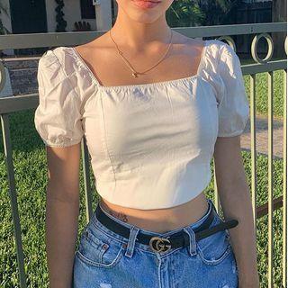 Square Neck Short Puff Sleeve Crop Top
