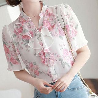 Open-placket Ruffle-trim Floral Blouse