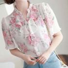 Open-placket Ruffle-trim Floral Blouse
