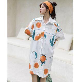 Fruit Print Short-sleeve Shirt Dress White - One Size
