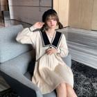 Contrast Collar Long-sleeve Mini A-line Knit Dress