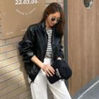Stand-collar Drawstring Faux-leather Jacket