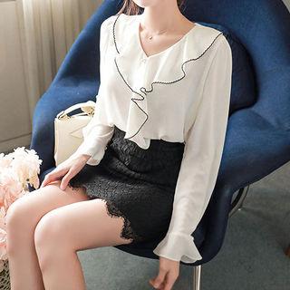 Faux-pearl Stitched-ruffle Blouse