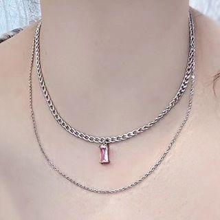 Faux Crystal Pendant Stainless Steel Layered Necklace Pink Faux Crystal - Silver - One Size