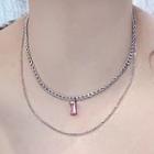 Faux Crystal Pendant Stainless Steel Layered Necklace Pink Faux Crystal - Silver - One Size
