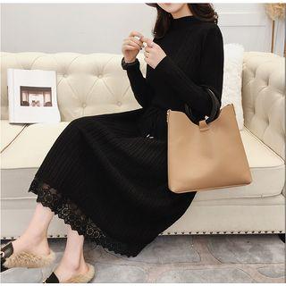 Mock Turtleneck Lace Panel Long-sleeve Midi Knit Dress
