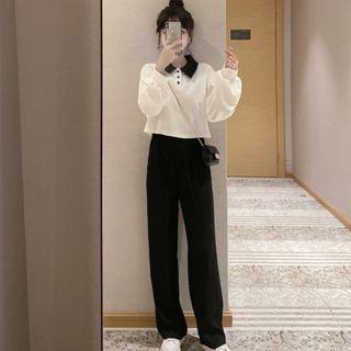 Set: Cropped Polo Sweatshirt + Wide-leg Pants