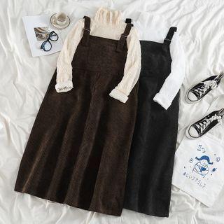 Long-sleeve Turtleneck Lace Top / Midi A-line Corduroy Overall Dress