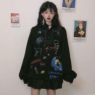 Long-sleeve Graffiti Print Polo Shirt