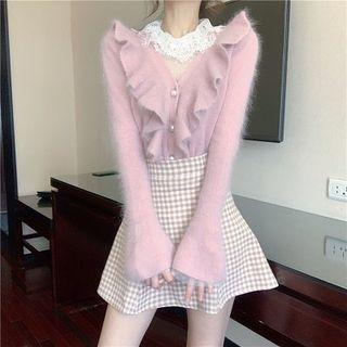 Plain Crewneck Lace Long-sleeve Top / Plain V-neck Lettuce Edge Single-breasted Long-sleeve Cardigan / Plaid High-waist Mermaid Skirt