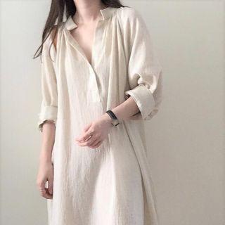 3/4-sleeve Open-collar A-line Midi Dress