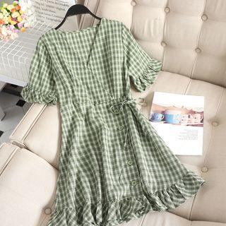 V-neck Lace-up Ruffle Plaid Dress