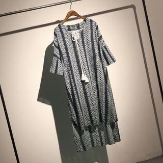 Print Elbow-sleeve Dip Back Dress With Tassel