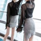 Set: Long-sleeve Ribbon Chiffon Top + Mini Fitted Skirt