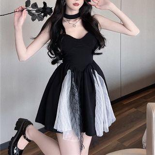 Set: Spaghetti Strap Mesh Panel Mini A-line Dress + Arm Sleeves