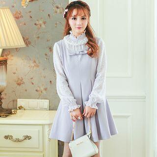 Ruffled-neckline Lace-panel Knit A-line Dress