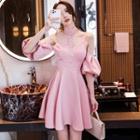 Puff-sleeve Cold Shoulder Lace Trim Mini A-line Dress
