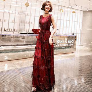 Fringed Trim Sleeveless A-line Evening Gown