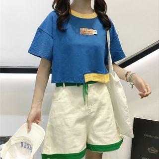 Short-sleeve Colour Block T-shirt / Wide Leg Shorts