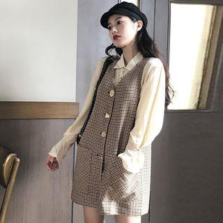 Plain Shirt / Houndstooth Buttoned Jumper Dress