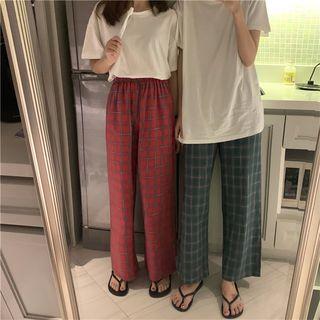 Loungewear Set: Short-sleeve T-shirt + Plaid Pants