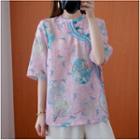 Printed Frog-button Elbow-sleeve Blouse