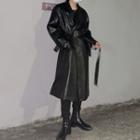 Belted Faux Leather Long Coat