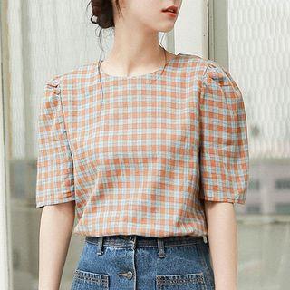 Elbow-sleeve Plaid Top Plaid - Orange - One Size
