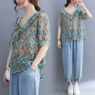 Elbow-sleeve V-neck Print Top