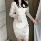 Long-sleeve Plain Lace A-line Dress