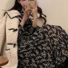Embroidered Trim Duffle Jacket / V-neck Balloon-sleeve Floral Print Midi A-line Dress