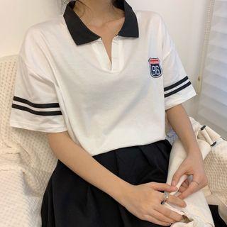 Elbow-sleeve Logo Embroidered Polo Shirt