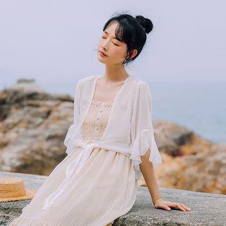 3/4-sleeve Chiffon Light Jacket White - One Size