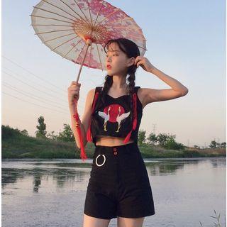 Set: Crane Embroidered Crop Top + High-waist Shorts