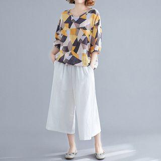 3/4-sleeve Pattern Top / Wide-leg Pants