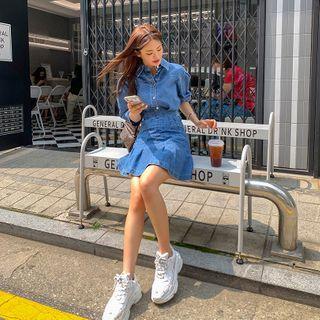 Puff-sleeve Dip-back Denim Shirt Dark Blue - One Size